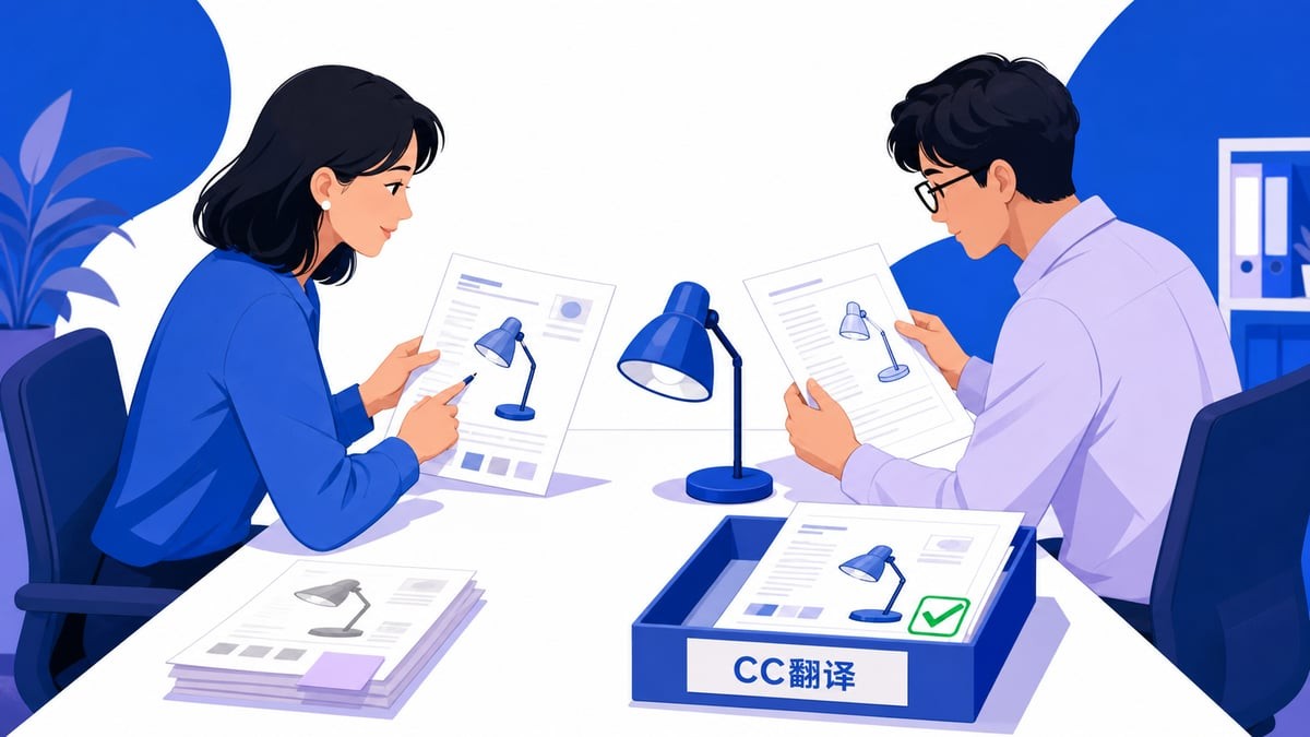 CC翻译发布前复核示意：将原始参考、待审草稿和确认版本分开，检查图文与型号是否对应