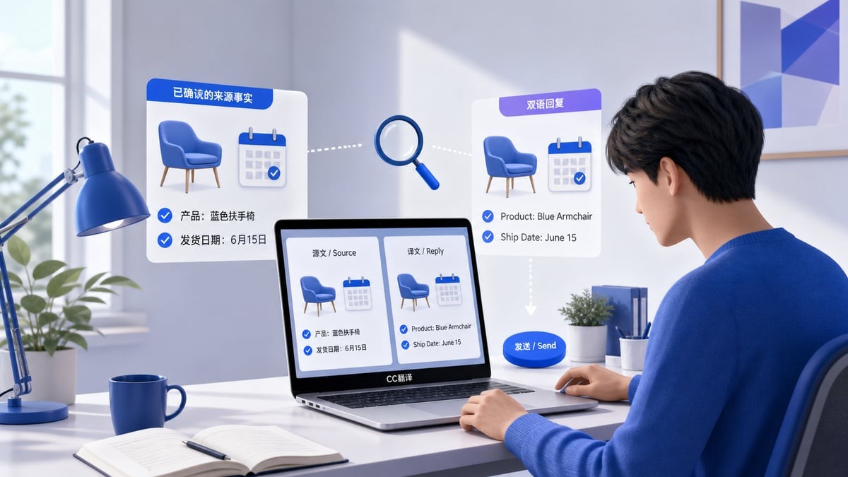 CC翻译回复复核示意：对照原始事实检查草稿中的产品与时间，不把语言流畅当作事实确认