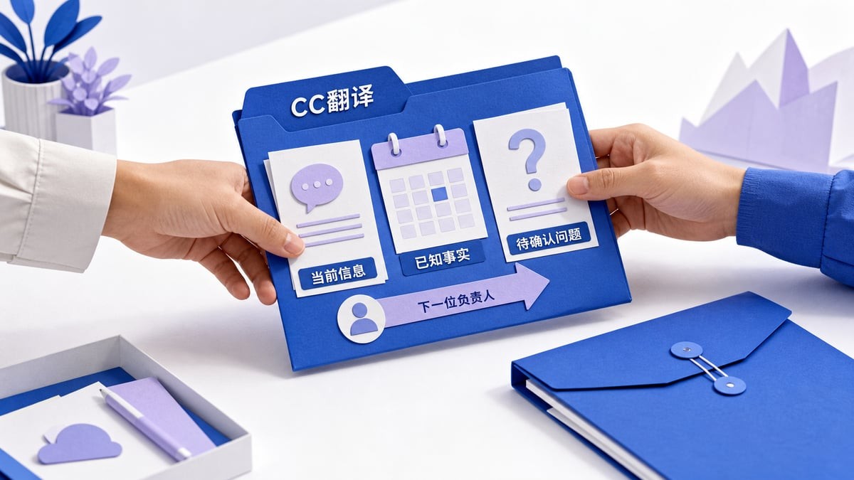 CC翻译任务交接示意：传递已确认事实、待解决问题和下一步，而不是无差别转发客户记录