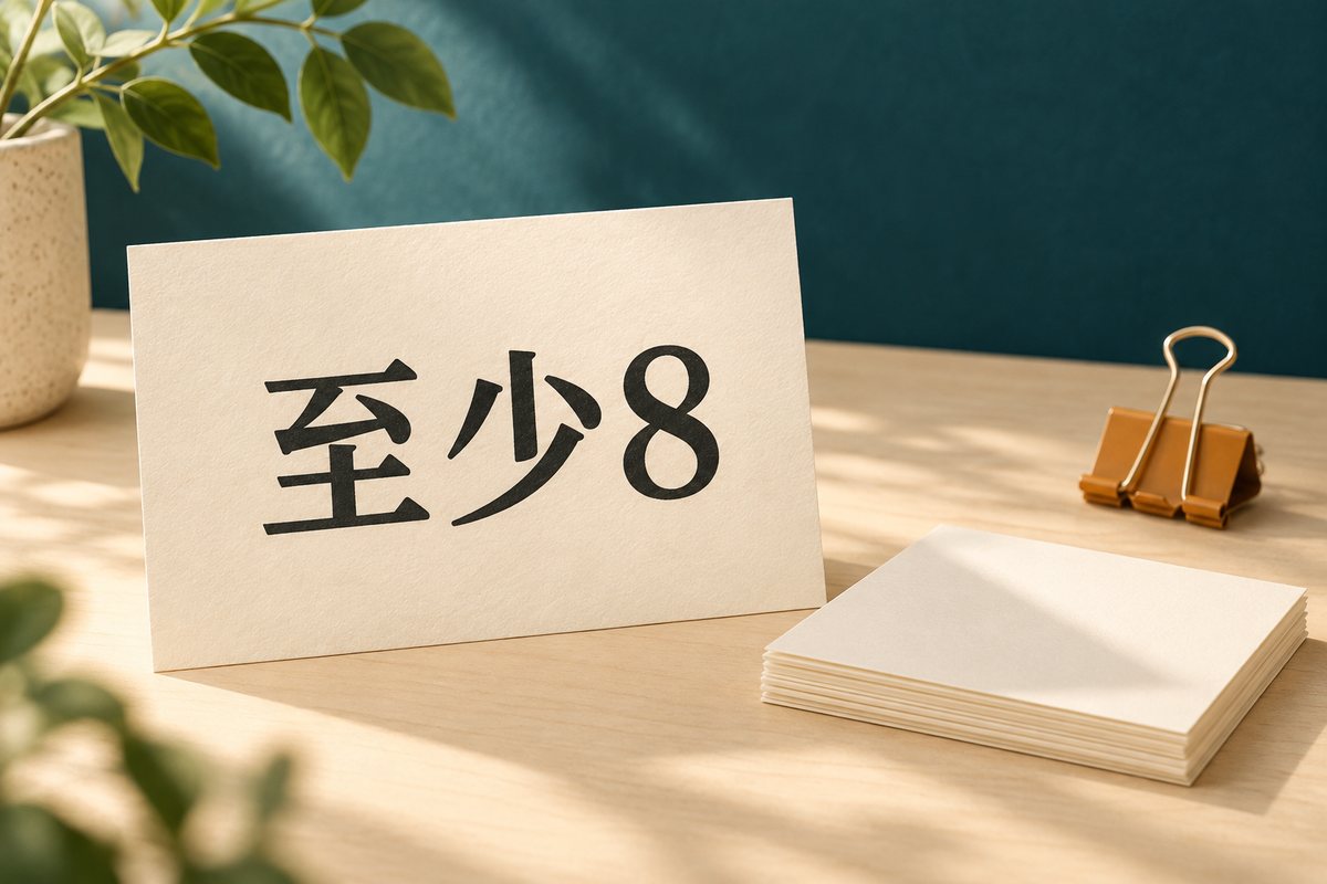 至少8的纸卡旁放着一叠空白索引卡，表示数量下限的概念插图