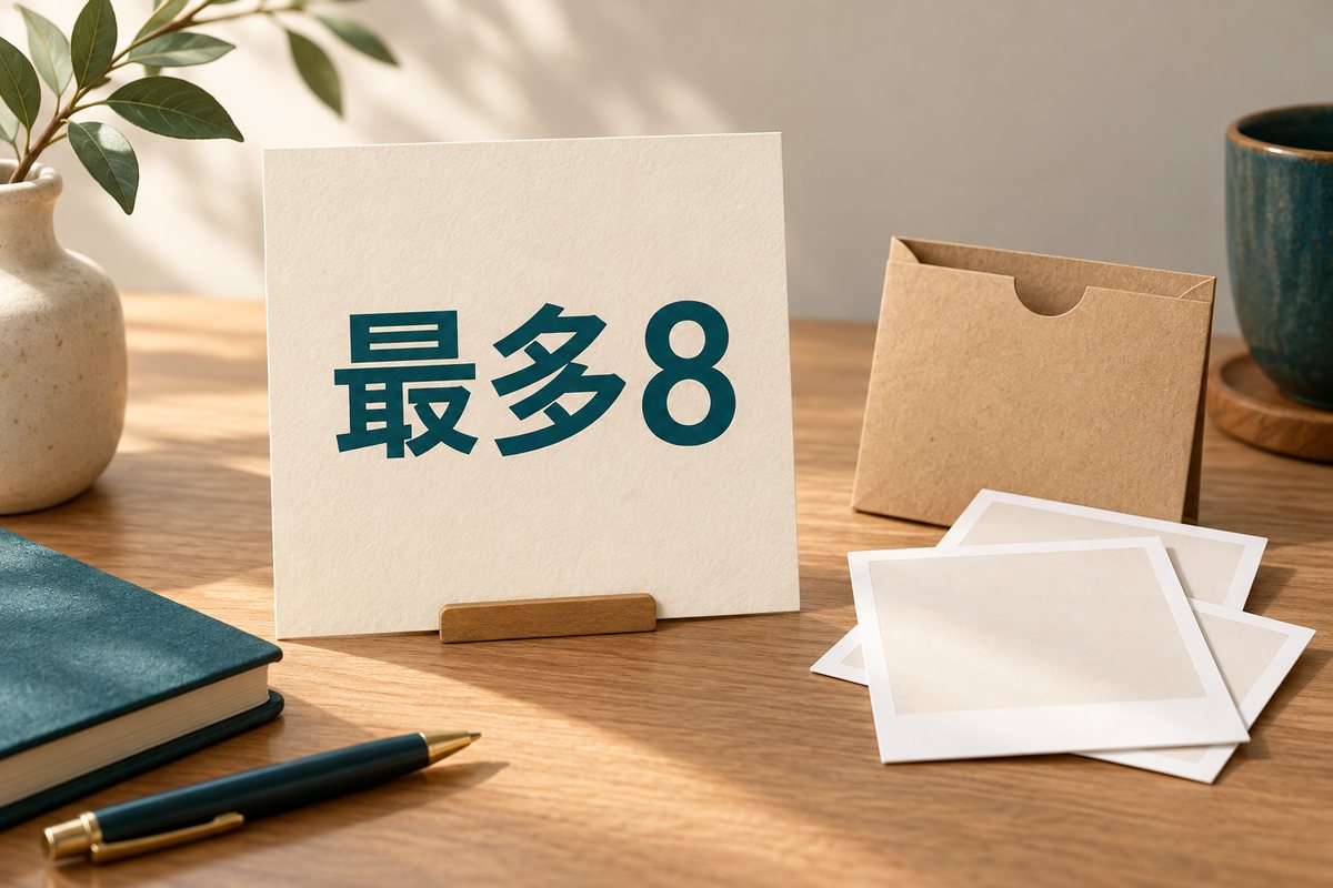 写有最多8的卡片与空白照片卡，表示数量上限的概念插图