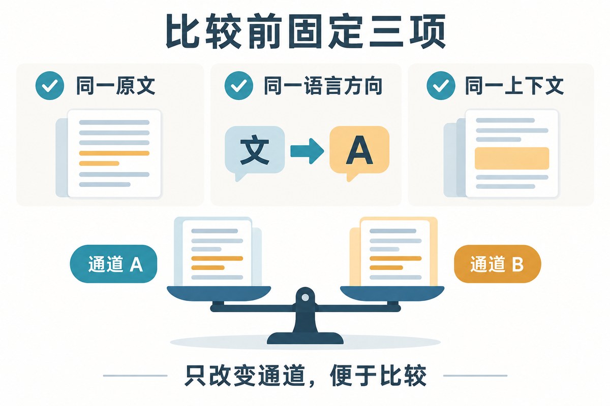 比较翻译通道前固定同一原文、语言方向和上下文的示意