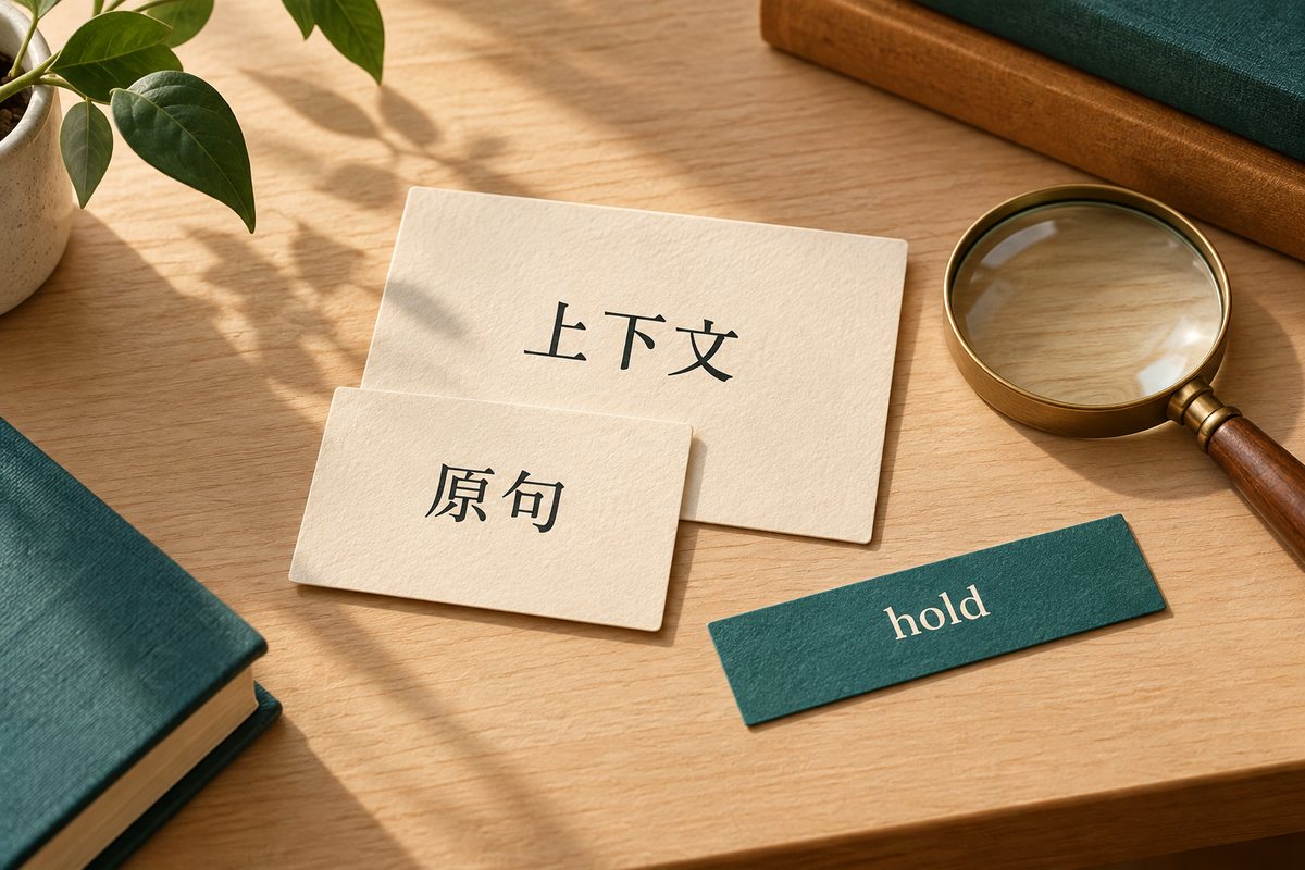 原句和上下文两张卡片旁有hold纸条与放大镜，说明结合语境选择词义