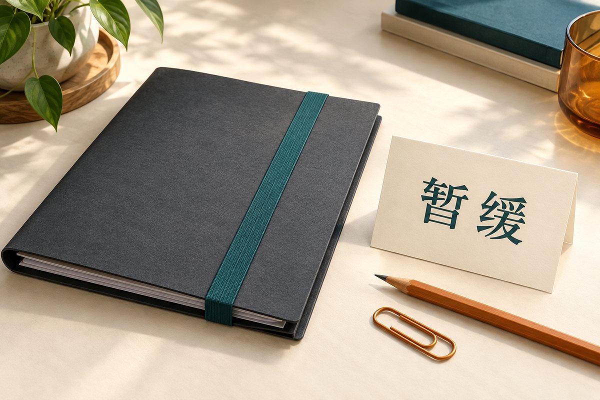 暂缓纸卡旁是一只用松紧带合上的文件夹，表示暂停发送而非删除