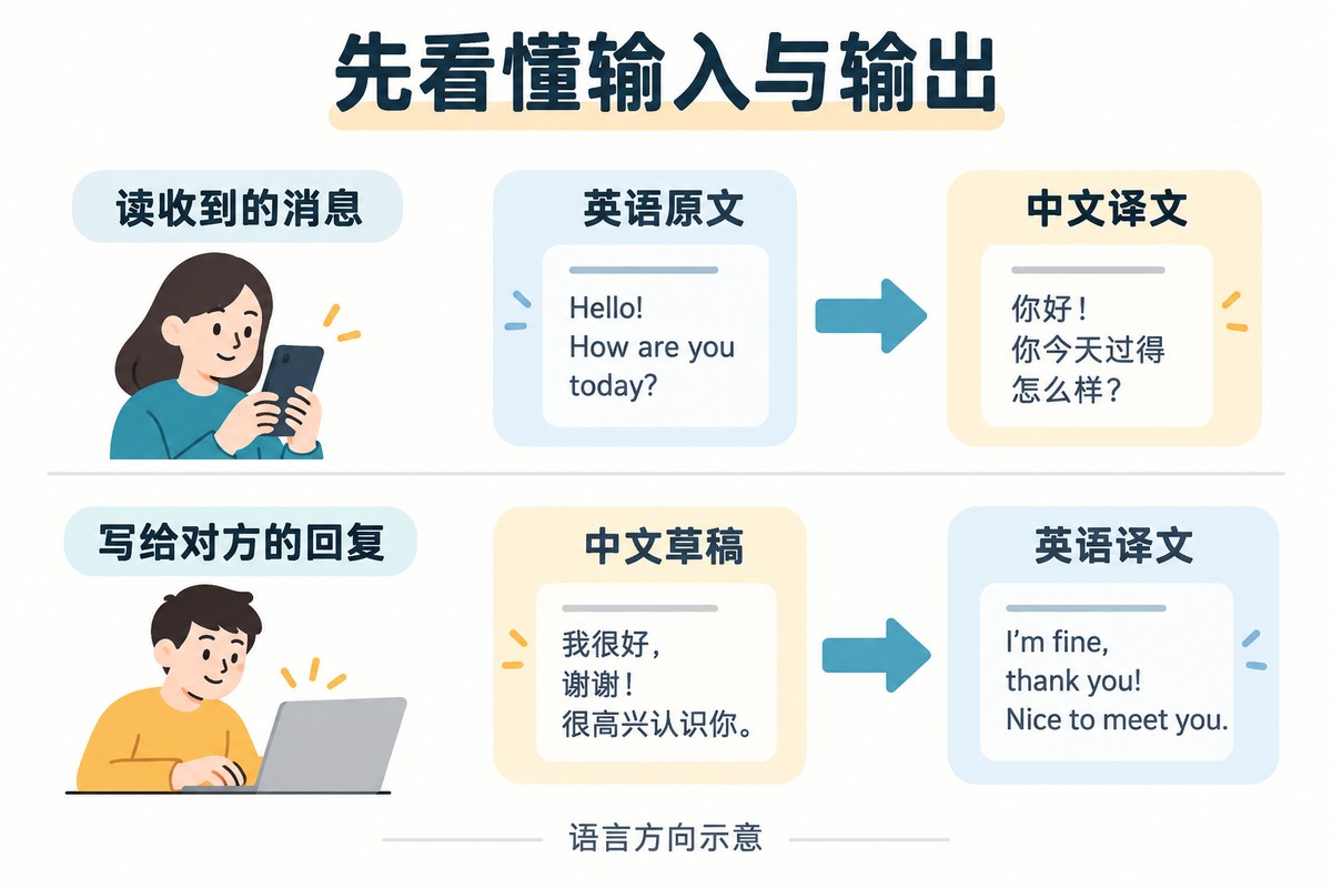 收到英语消息译成中文、中文回复草稿译成英语的两个方向示意