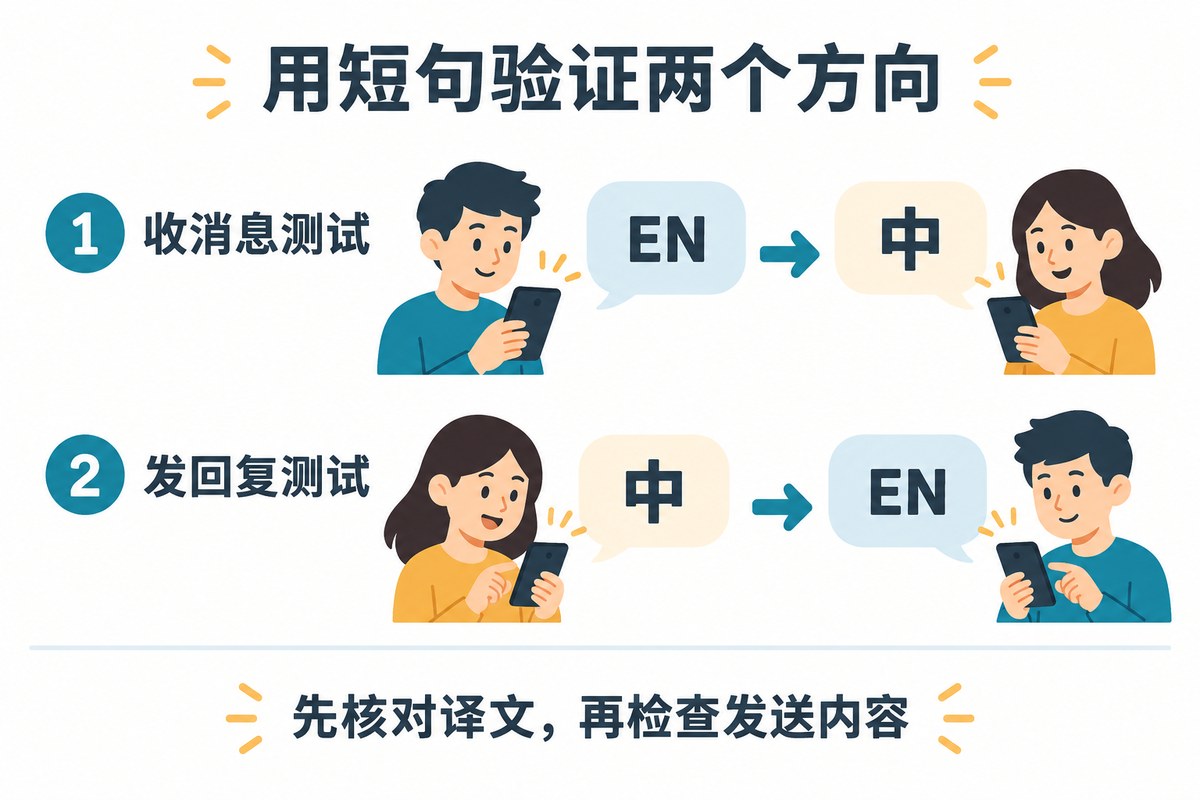 分别用短句测试收消息和发回复两个翻译方向的示意