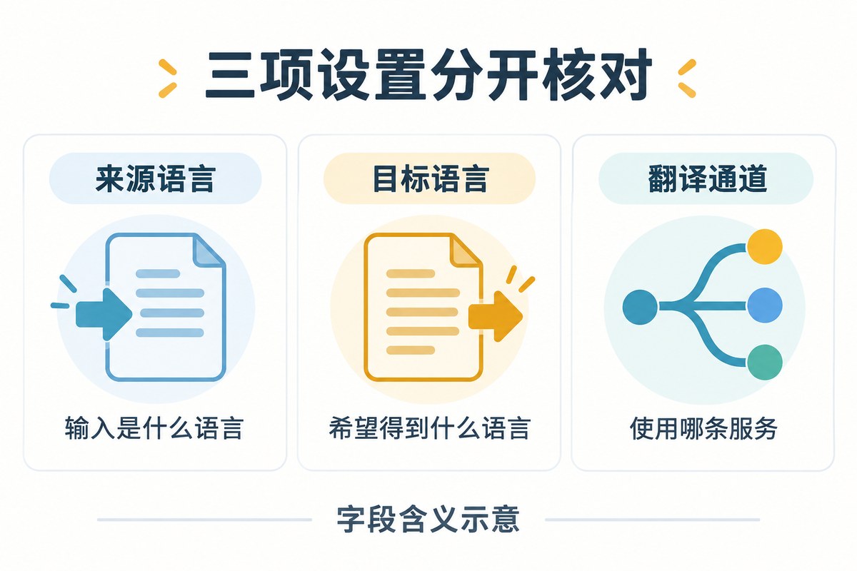 来源语言、目标语言和翻译通道的字段含义比较示意
