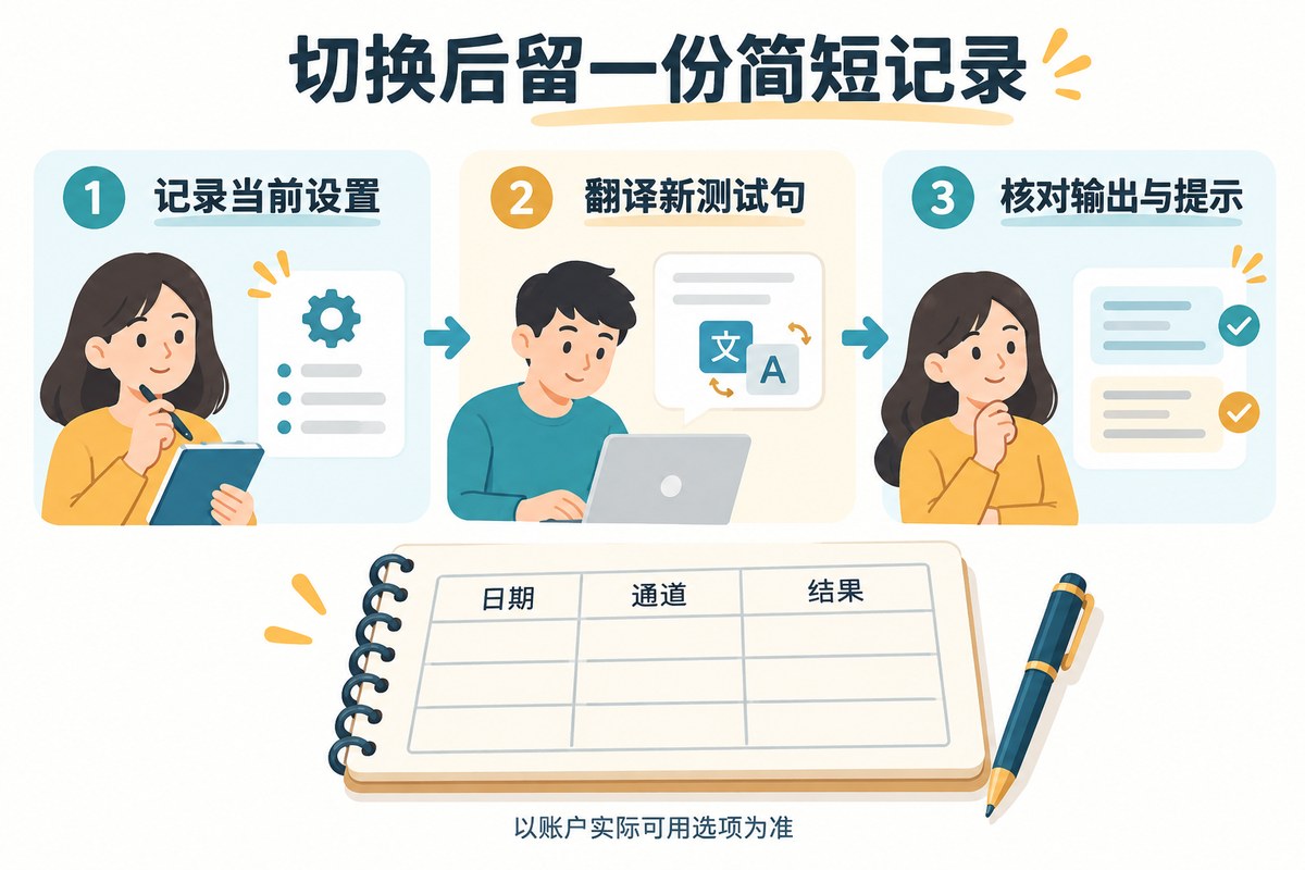 切换通道后记录设置、翻译新测试句和核对输出提示的三步示意